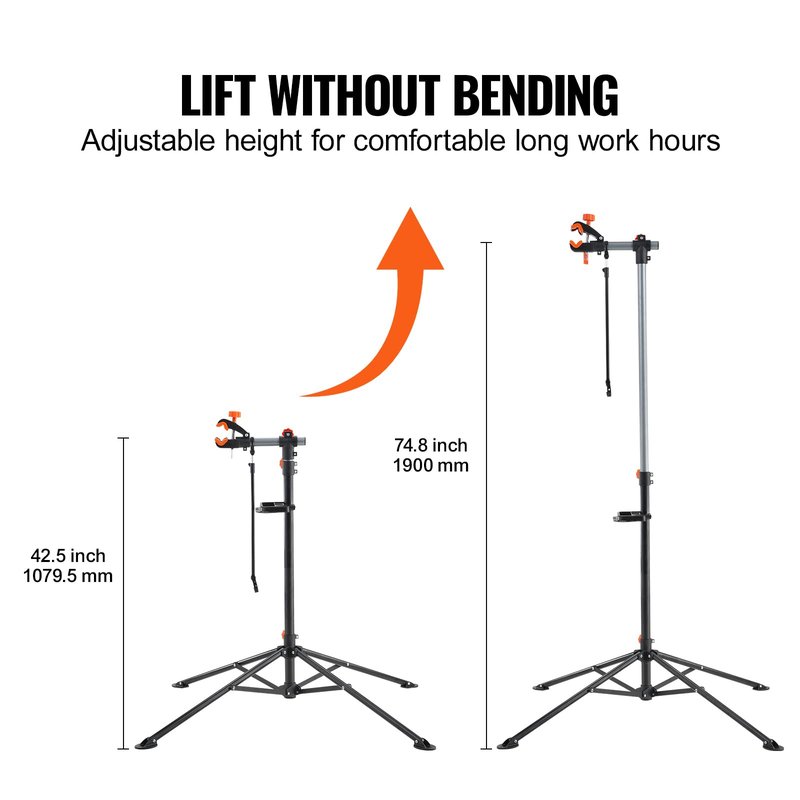 VEVOR Bike Repair Stand, 4-Leg Steel Bicycle Repair Stand, 42.5"-74.8" Adjustable Height Bike Maintenance Work Stand with Magnetic Tool Tray, Foldable Bike Service Stand for Home, Shop (Max 80 Pounds)