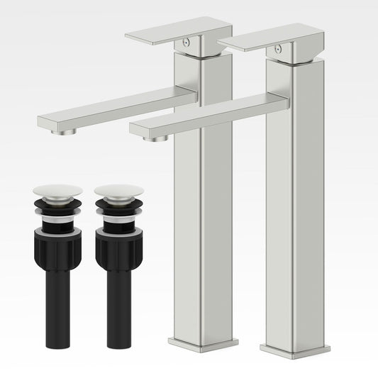 Casavilla Bathroom Faucet(2 Sets), Brushed Bathroom Sink Faucet Set with Pop Up Drain, Single Hole Single Handle High Barrel Sink Vanity, Stainless Steel Lead-Free