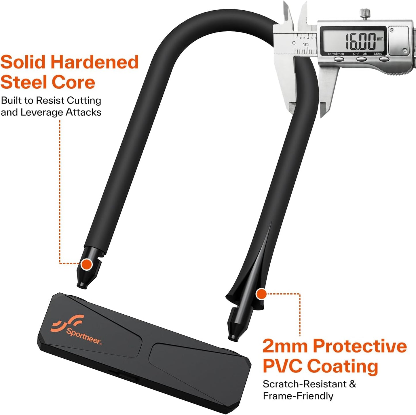 Sportneer Bike Lock - Heavy Duty 16mm Anti-Theft U-Lock with 3 Keys & Sturdy Mounting Bracket | 8.7''x5.9''