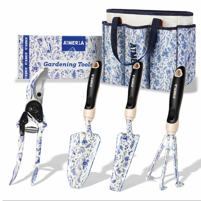 Aimerla Gardening Tool Set of 5 Heavy Duty Aluminum Garden Tools with Non-Slip Rubber Grip, Fashion Garden Bag, Durable Hand Tools for Gardener, Weeding, Gardening Gifts for Women,Men - Floral
