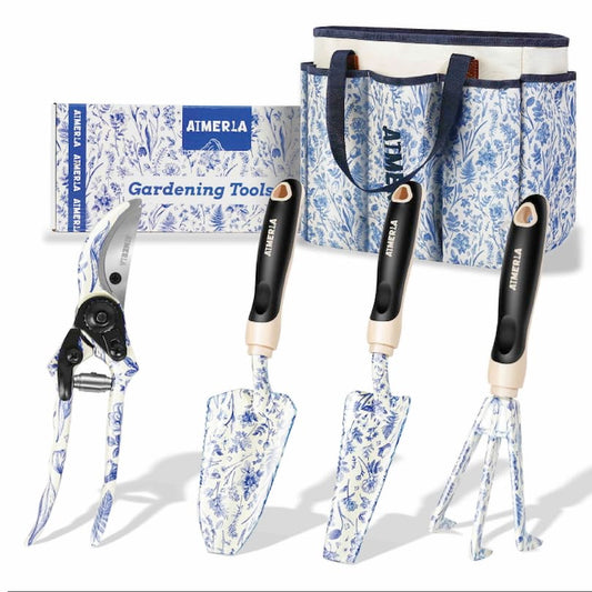 Aimerla Gardening Tool Set of 5 Heavy Duty Aluminum Garden Tools with Non-Slip Rubber Grip, Fashion Garden Bag, Durable Hand Tools for Gardener, Weeding, Gardening Gifts for Women,Men - Floral