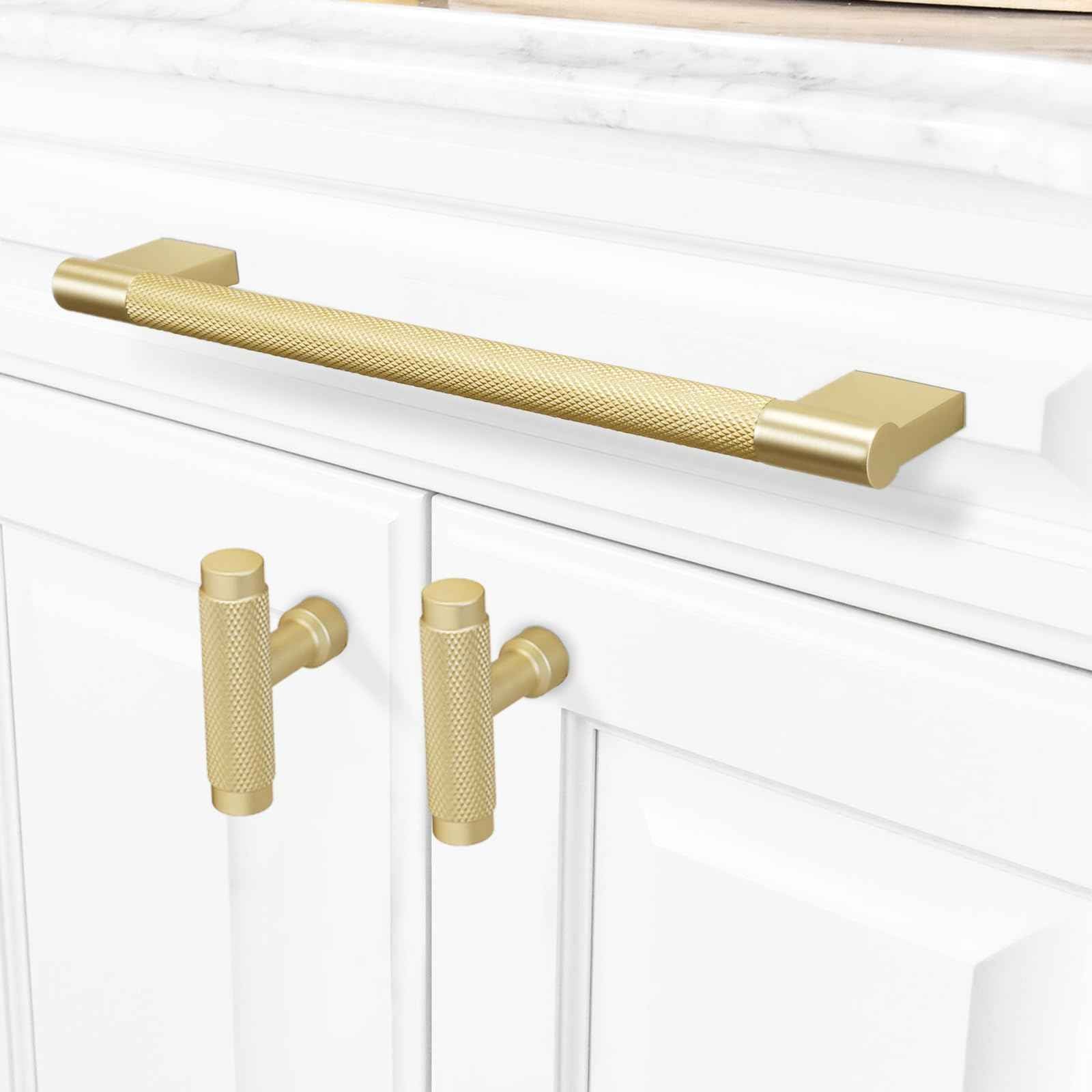 COTYKILEY 10 Pack 10 Inch(254mm) Brushed Brass Cabinet Handles Gold Knurled Kitchen Cabinet Pulls Cabinet Door Handles Kitchen Cabinet Hardware