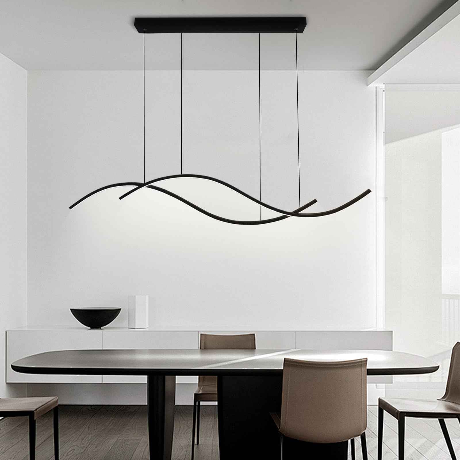 Modern Led Pendant Light, Dimmable Black Led Chandelier for Dining Room Light Fixture Over Table Creative Wave Pendant Light for Kitchen Island, Dining Room, Bedroom