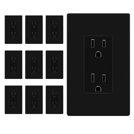 ENERLITES Black Decorator Receptacle with Screwless Wall Plate, Standard Electrical Wall Outlet, 15A 125V, Self-Grounding, 2-Pole, 3-Wire, 5-15R, UL Listed, 61502-BKSID, 10 Pack, Non Tamper Resistant