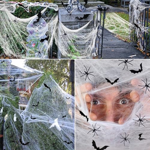 Halloween Spider Web Decorations - 1600 sqft with 100 Fake Spiders & 60 Bats