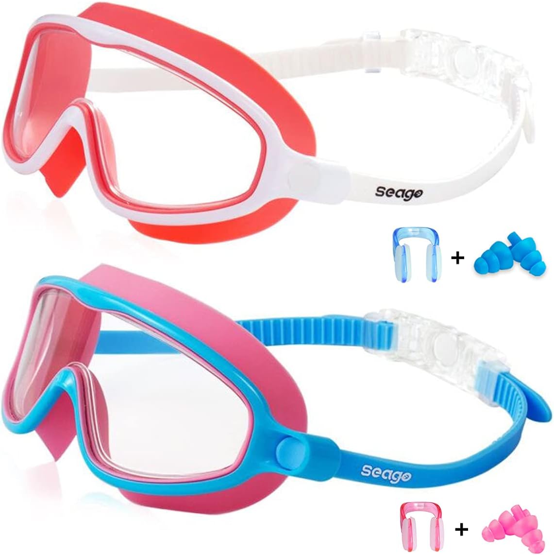 Seago Swim Goggles - Anti-Fog, Anti-UV, Wide View Design | 2 Pack for Kids Ages 3-15
