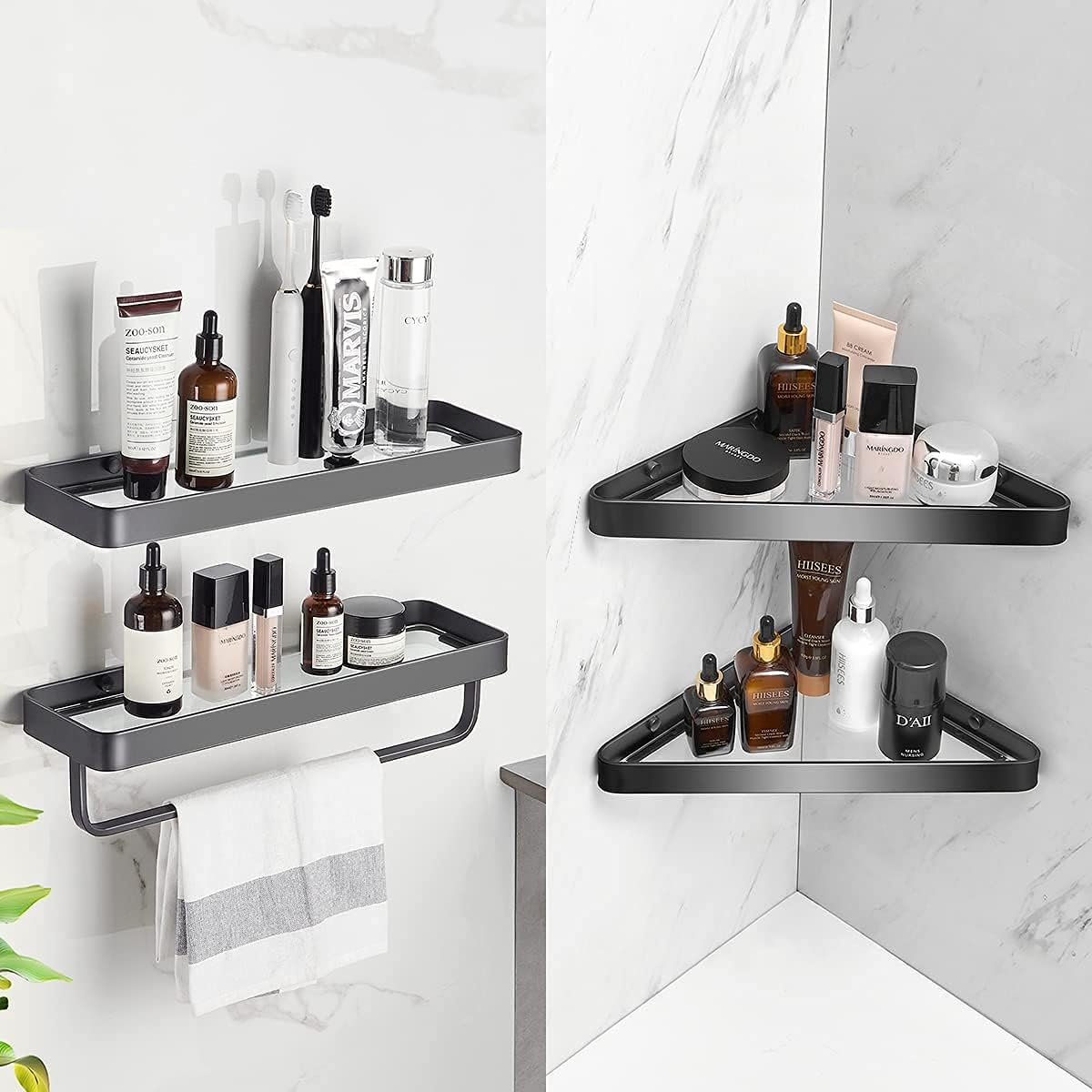 Wall Mounted Glass Bathroom Shelves - 2-Tier Floating Organizer in Black