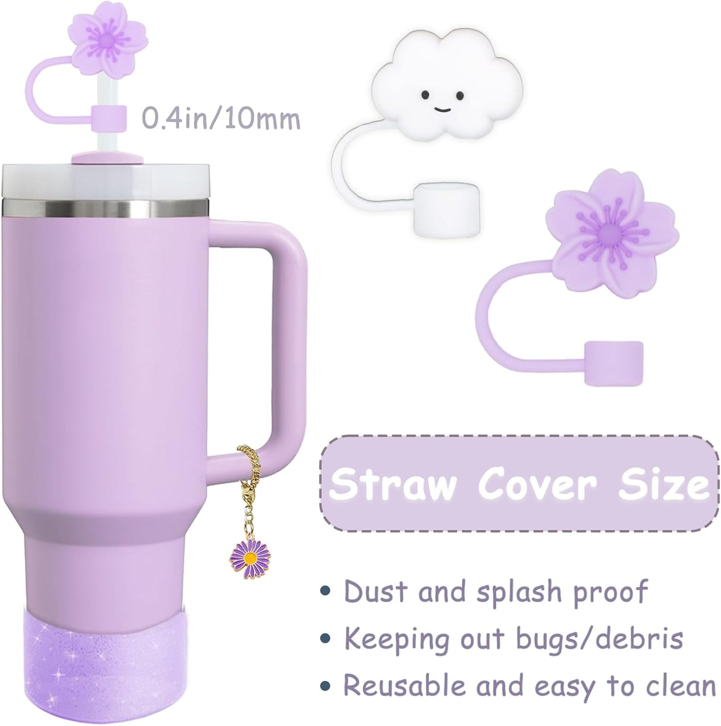 Stanley Cup Accessories Set - 2 Straw Covers, 1 Spill-Proof Stopper & 1 Flower Handle Charm | Fits 30 & 40 Oz Tumblers (Purple)