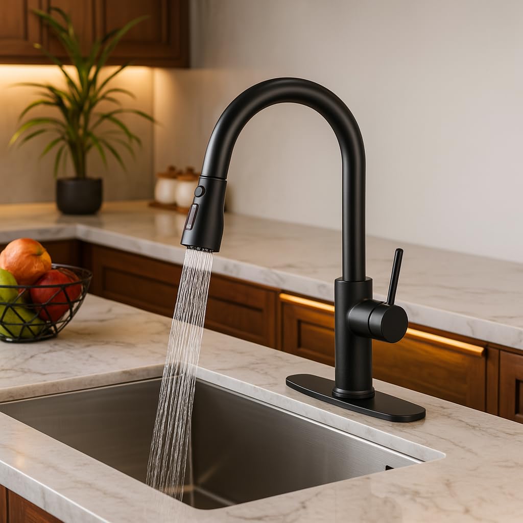 INDARE Matte Black Kitchen Faucet with Pull-Down Sprayer, High Arc Single Handle Stainless Steel Deck Mount Faucet, 1 or 3 Hole Deck Plate Included for Farmhouse Camper Laundry RV Bar