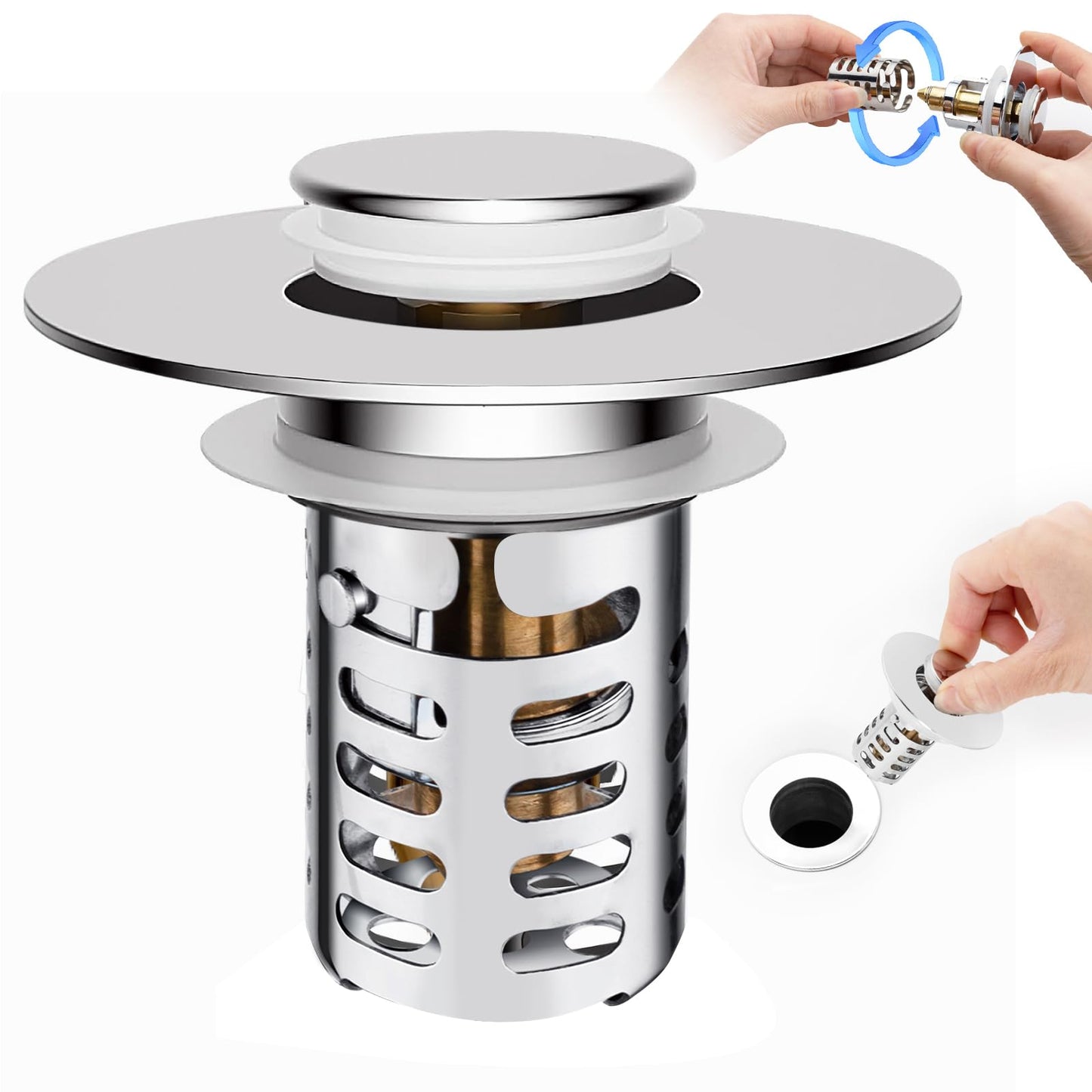 3 in1 Bathroom Sink Drain Strainer & Bathroom Sink Stopper,Pop Up Sink Stopper with Removable Stainless Steel Filter Basket Hair Catcher,Universal Sink Plug Fits 1.1"-2.36" Drain Holes