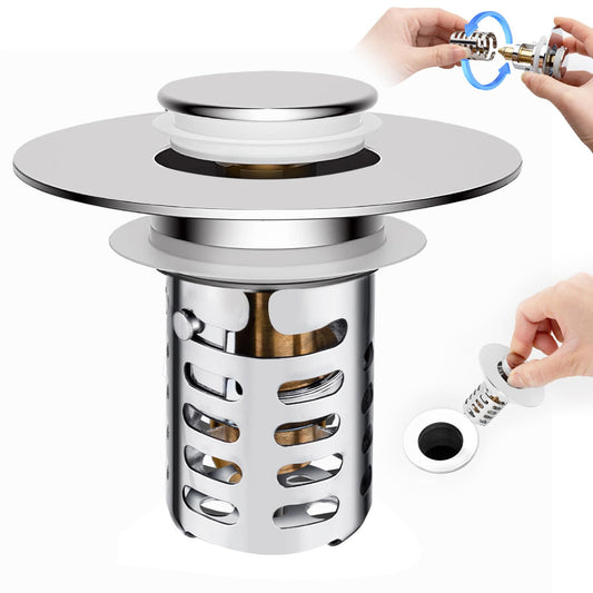 3 in1 Bathroom Sink Drain Strainer & Bathroom Sink Stopper,Pop Up Sink Stopper with Removable Stainless Steel Filter Basket Hair Catcher,Universal Sink Plug Fits 1.1"-2.36" Drain Holes