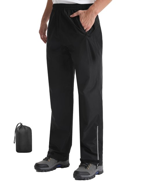 iCreek Men's Packable Rain Pants Waterproof Lightweight Over Pants Windproof Outdoor Pants for Fishing Golf Hiking (Black, Large/30 Inseam)
