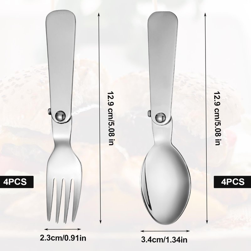 4pcs Metal Folding Spoons & 4pcs Foldable Forks for Thermos Funtainer 10oz Food Jar, Portable Stainless Steel Spoon Fork Set Replacements for Travel Camping Dinner Picnic & Outdoor Activities