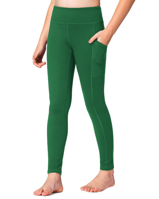 Stelle Girls' Athletic Leggings Kids Dance Running Yoga Pants Workout Active Dance Tights with Pockets (Evergreen, 8-9 Years)