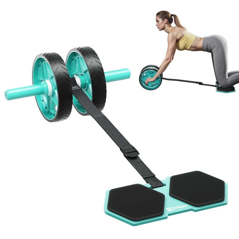 CHNApin Double-Wheel Ab Roller for Core Training – Rebound Design with Adjustable Elastic Band, Silent Non-Slip Wheels, Detachable Build, Knee Pad & Bands – Home Gym Gear for Men/Women (Green)