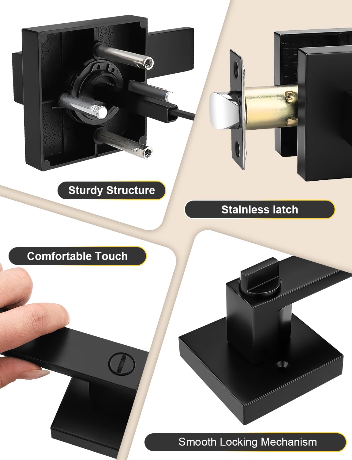 Tinewa 5 Pack Square Privacy Door Levers Locksets in Matte Black Finish, Bed/Bath Door Levers Keyless Interior Handles,Reversible for Left Right Handed Doors