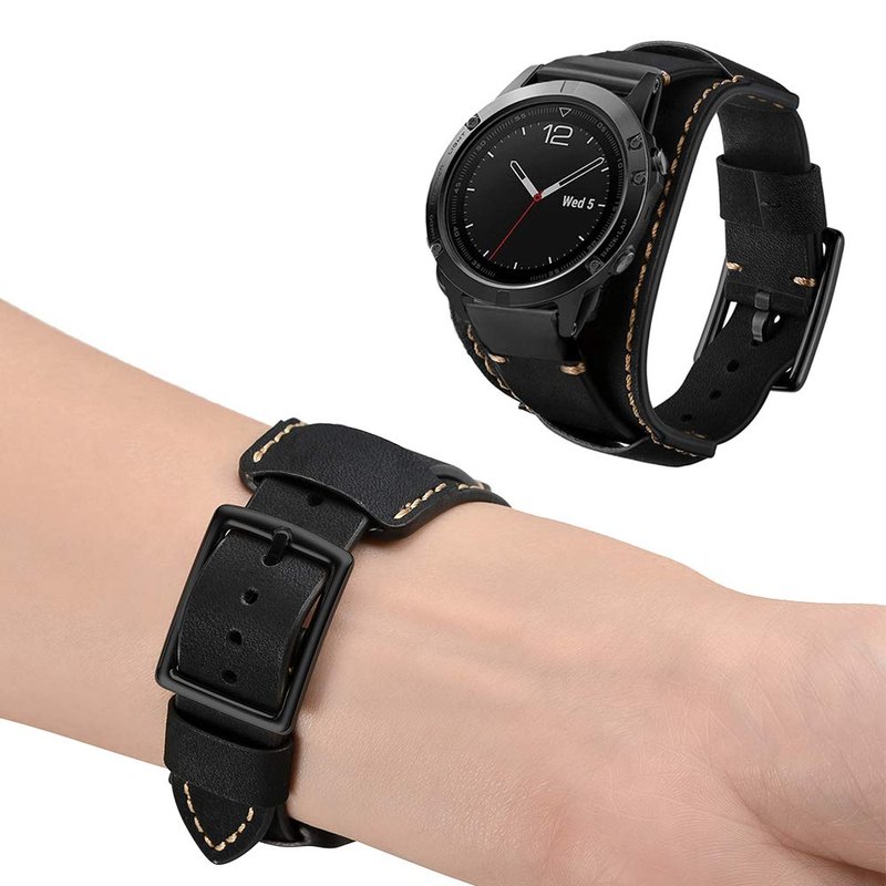 Sjiangqiao Leather Bands Compatible with Garmin Fenix 5Fenix 5 PlusFenix 6Fenix 6 ProForerunner 935945Approach S60Quatix 5 Smartwatch,22mm Quick Fit Genuine Leather Cuff Band Repalcement