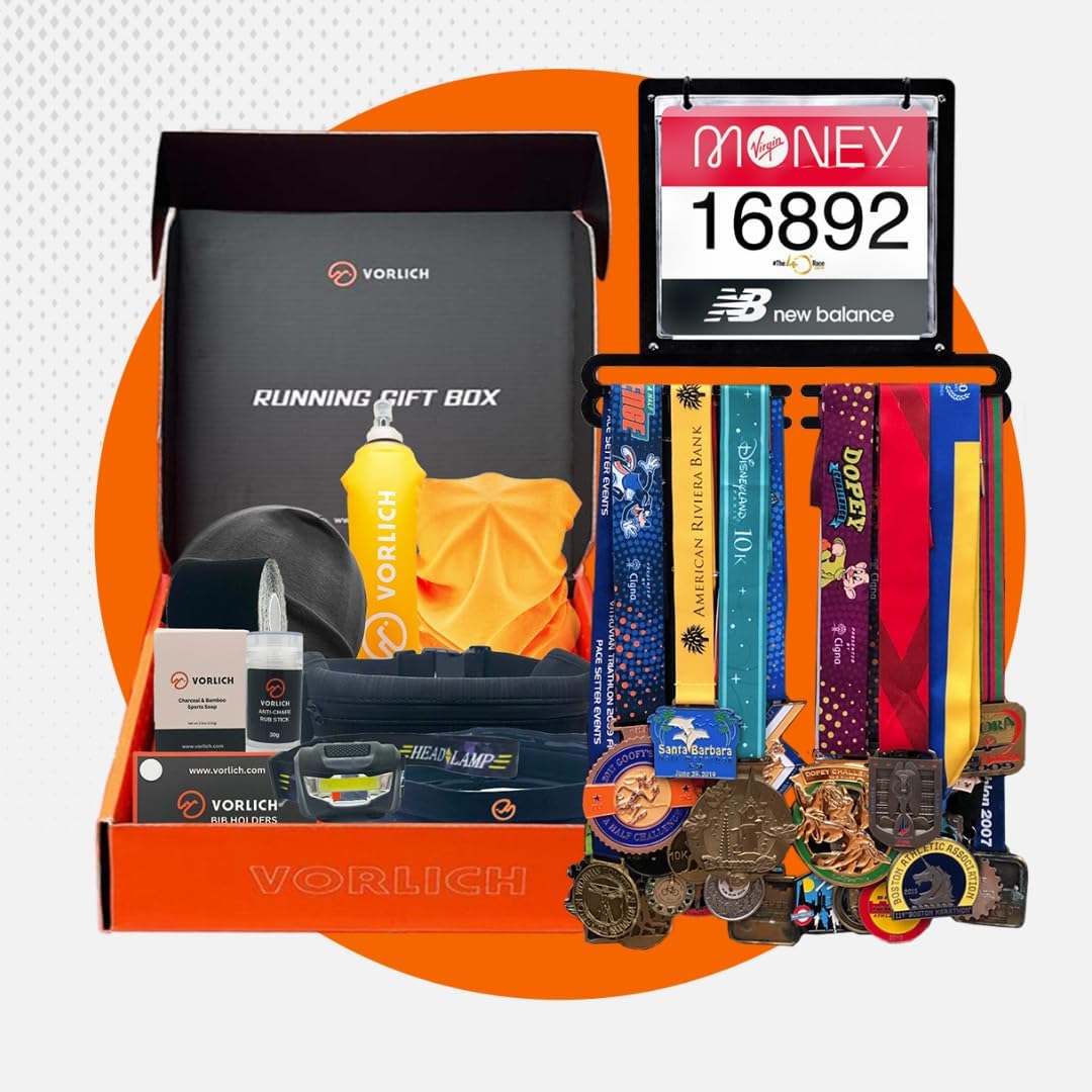 Vorlich Ultimate Running Gift Bundle - 13-Piece Running Gift Box with Race Bib & Medal Display
