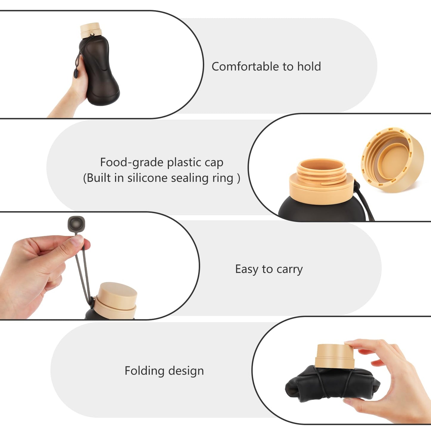Collapsible Water Bottles,650ml,Leak Proof,Reuseable BPA Free Silicone Foldable Water Bottles,Durable Lightweight for Travel Gym Camping Hiking,Compact Size Portable Sports Water Bottle (Black)