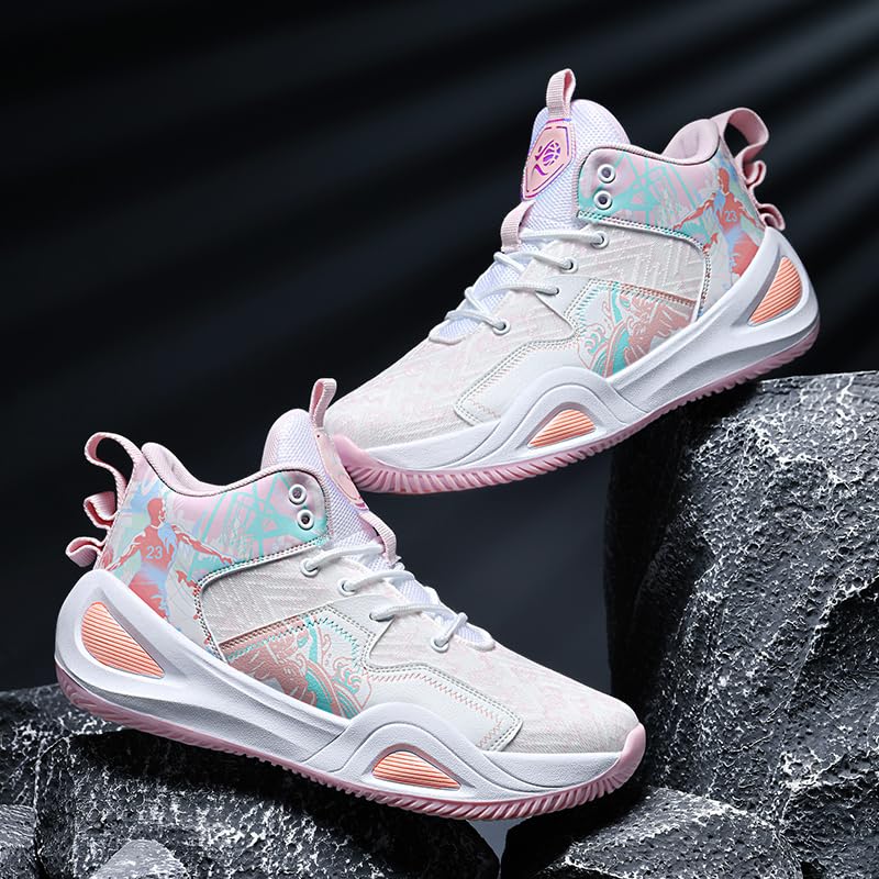 KIUSMETY 9 Women / 8 Men Green Pink High Top Basketball Shoes – Breathable Non Slip Outdoor Sneakers