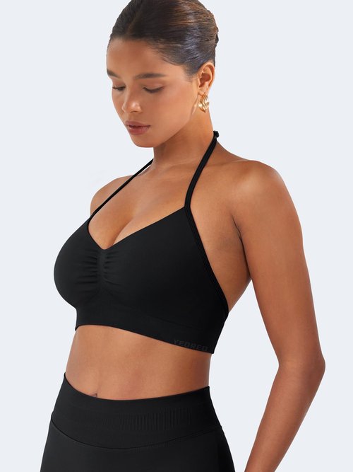 YEOREO SoftHue Women Halter Sports Bra Impact Longline Strappy Bra V Neck Padded Open Back Workout Gym Crop Top Black M