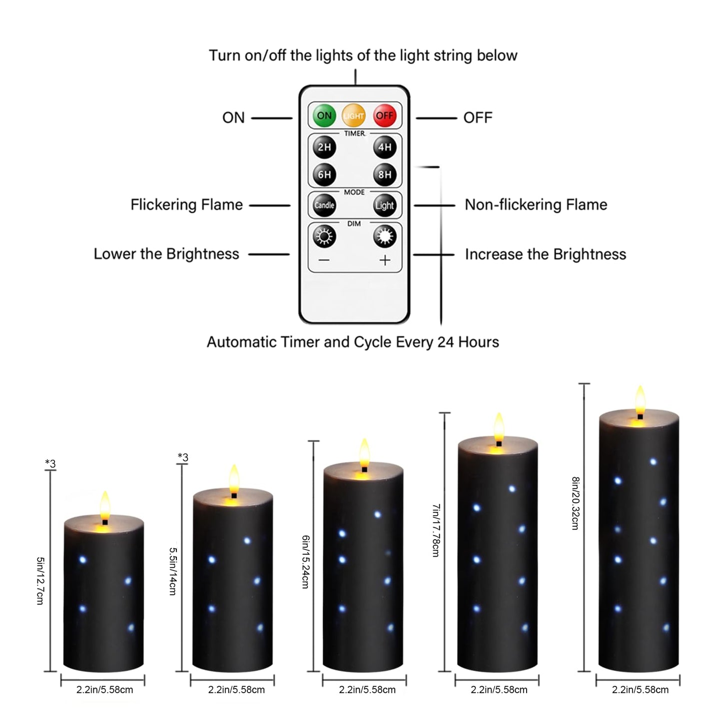 Nimiko Flickering Flameless Candles with Remote Control and Timer Set of 5 Pc Real Wax LED Pillar Candles, Battery Operated Candles（D2.2×H5/5.5"/6"/7"/8"） Halloween Decorations Home Decor （Black）