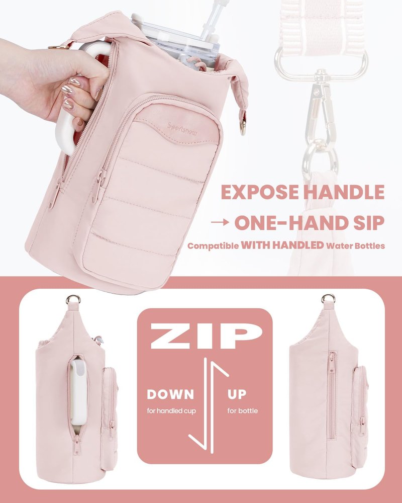 sportsnew Water Bottle Holder for 30oz/40oz Tumbler with Handle, Puffy Water Bottle Carrier Bag with Phone & RFID-Blocking Card Pocket & Drawstring Closure for Quick Access, Light Pink