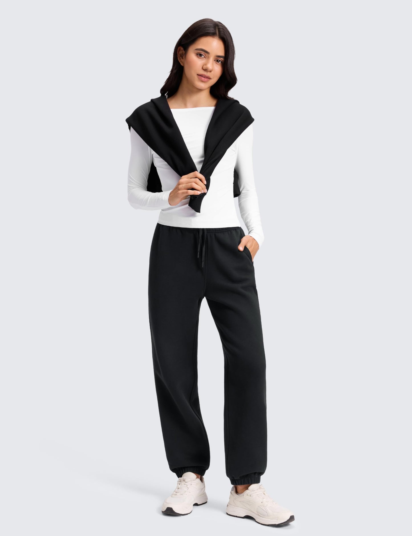 CRZ YOGA Cotton Fleece Lined Jogger Sweatpants Women 28" - Casual Lounge Travel Pants with Pockets Winter Warm Black Small