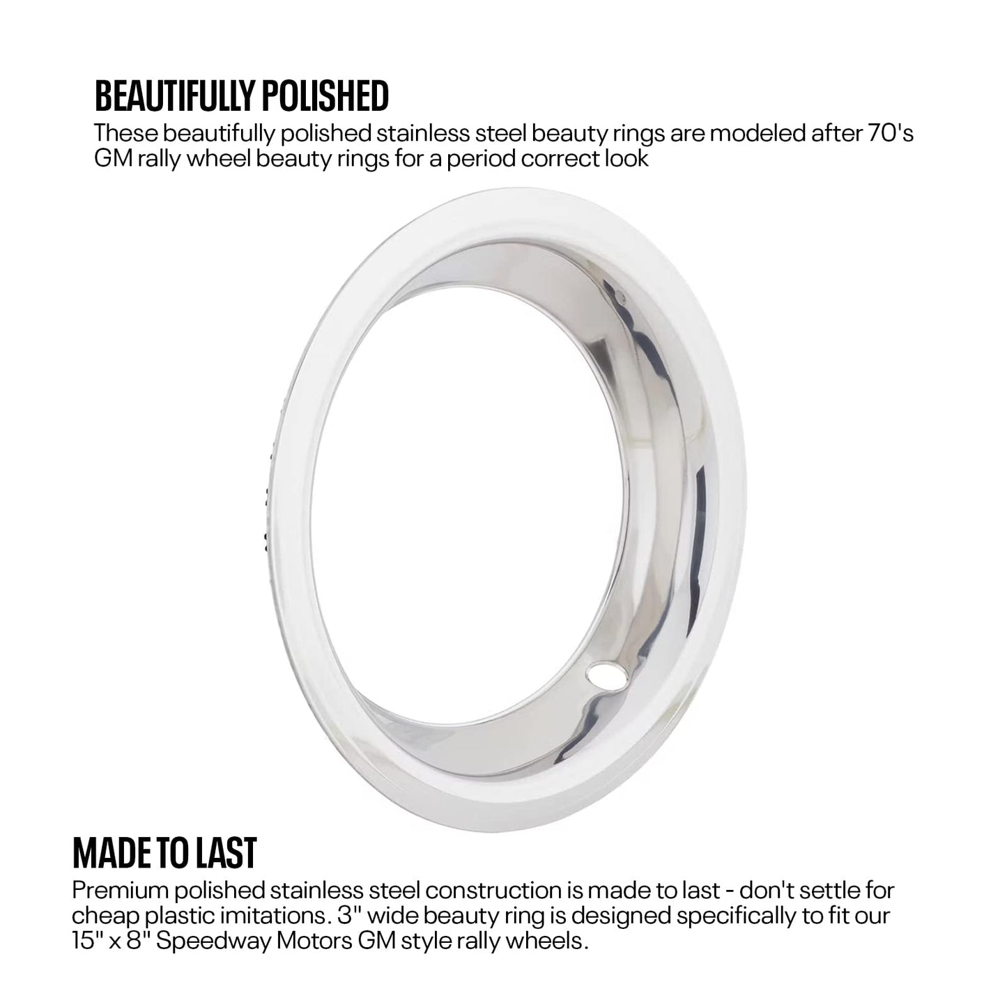 Speedway Motors Stainless Steel Trim Beauty Ring, Designed to Fit 15 Inch Speedway Motors GM Rally Wheel, 15” x 3” Polished Stainless Trim Ring, Single