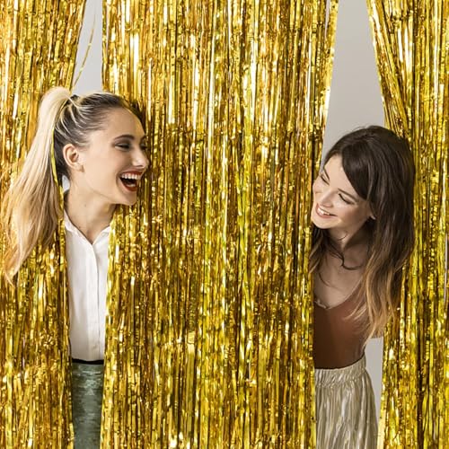 Gold Foil Fringe Backdrop - 2 Pack Tinsel Streamers for Party Decorations