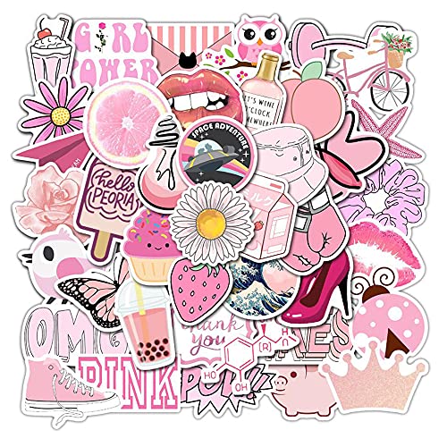 50 PCS Aesthetic Sticker Pack - Waterproof Vinyl Decals for Water Bottles - Pink