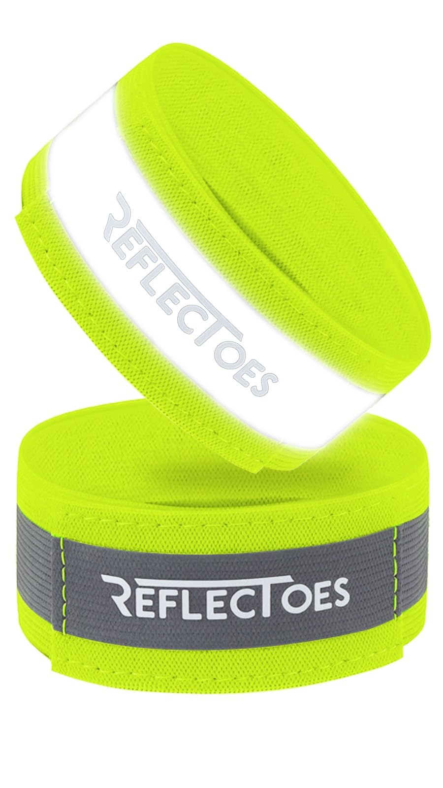 ReflecToes Reflective Safety Bands (Pack of 2), Adjustable 5-16 in for Wrist, Arm, Ankle or Leg - Fluorescent Day Visibility + 360° Retroreflective Night Safety for Running, Walking, Cycling
