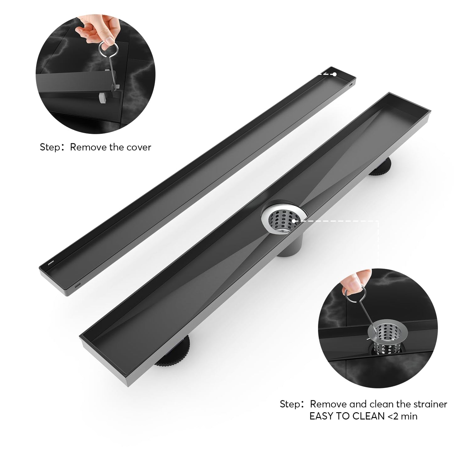 Bmvlffs 30-Inch Linear Shower Drain with Tile Insert Matte Black Cover, Rectangle Floor Drain Brushed 304 Stainless Steel Including Hair Strainer