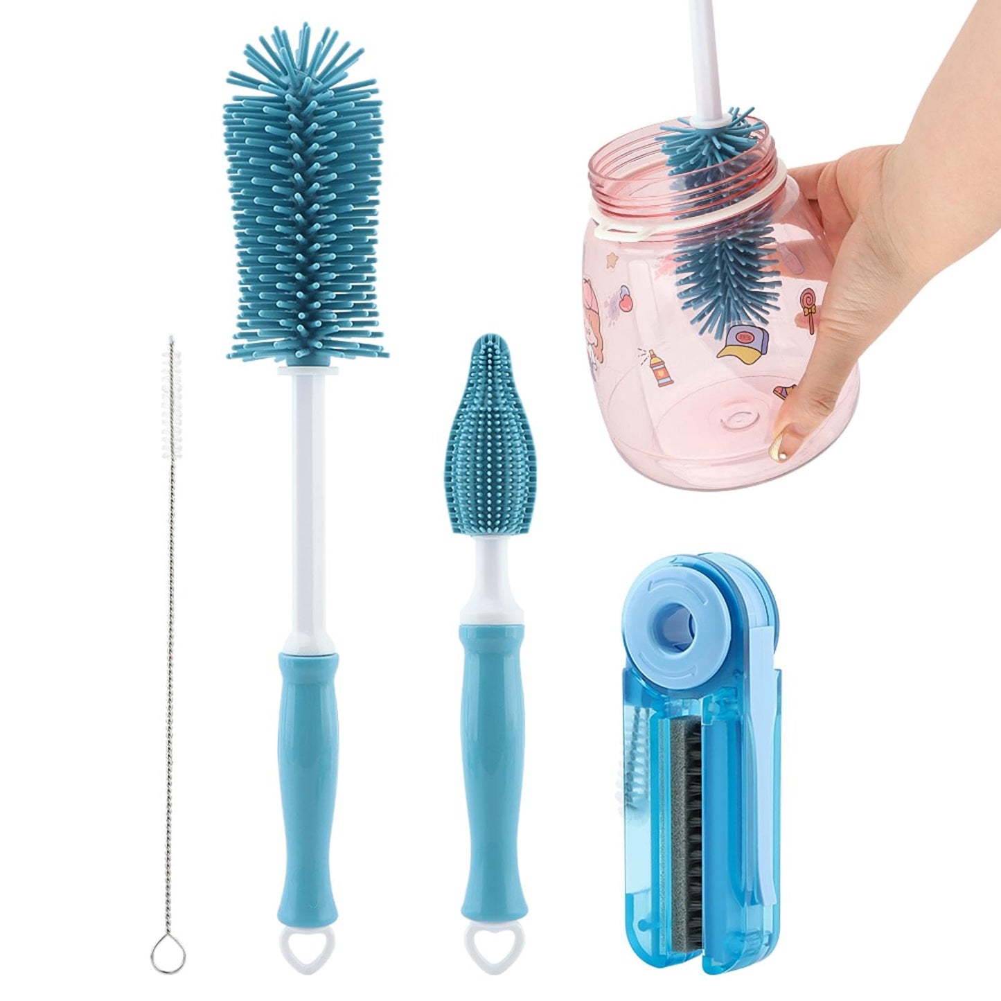 4Pcs Cup Cleaning Kit with Extra Long Straw Cleaner Brush,4 in 1 Bottle Gap Cleaner, Long Handle Silicone Brush, Multipurpose Brush Cleaner Kit