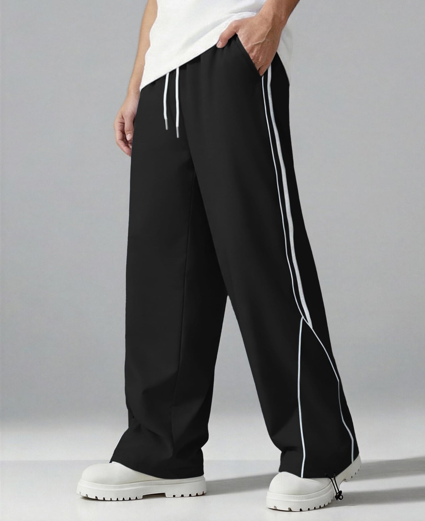 Susclude Baggy Sweatpants Wide Leg Y2k Track Pants Casual Spring Stretch Drawstring Elastic Waist Side Stripe Pants with Pockets Black