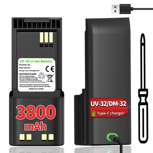 BAOFENG UV-32 Radio Battery 3800mAh Extended High-Capacity Rechargeable Battery with USB-C Charging Cable Compatible DM-32 UV32 Walkie Talkie Battery Accessories,1Pack