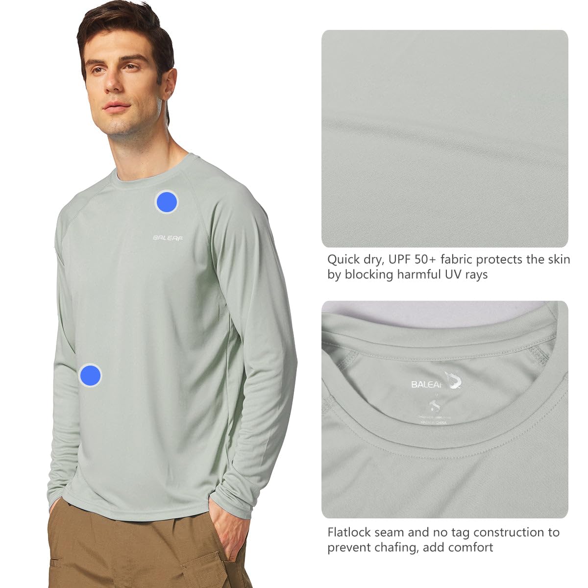 baleaf Mens UPF 50+ Sun Protection Shirts Long Sleeve Rash Guard, Quick Dry 4-Way Stretch for Fishing Swimming Surfing 01-Gray S