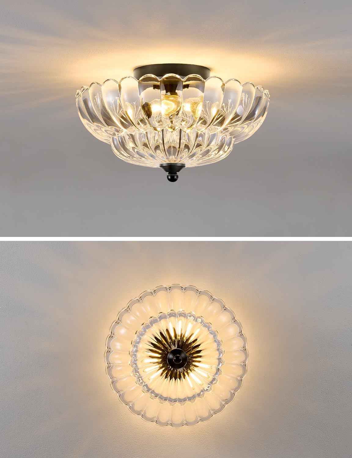 Modern 3-Bulb Semi Flush Mount Ceiling Light Fixture - Vintage Amber Glass for Bedroom, Kitchen, Living Room