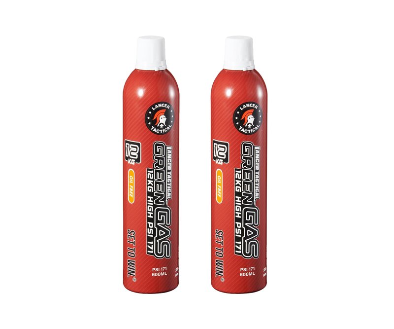 Lancer Tactical 600ml/20oz 12kg Powerful Green Gas High PSI G-1100 for Airsoft Pistol, Airsoft Rifle, Air Gun (Oil Free) -Pack of Two