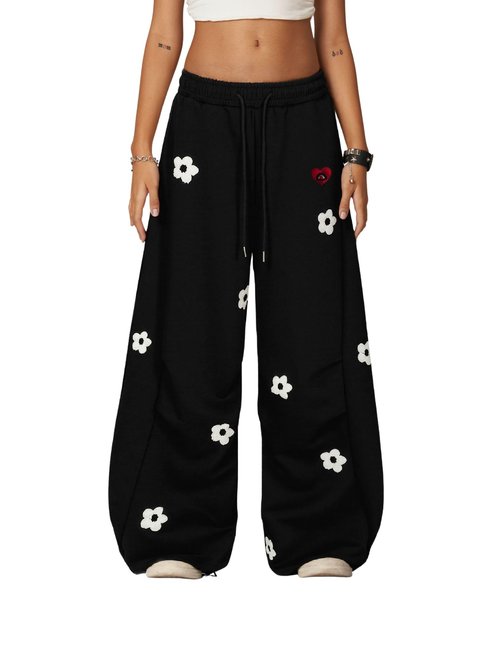 Aelfric Eden Baggy Wide Leg Sweatpants Flower Embroidery Casual Y2K Elastic Drawstring Lantern Barrel Lounge Trouser Pants Black L