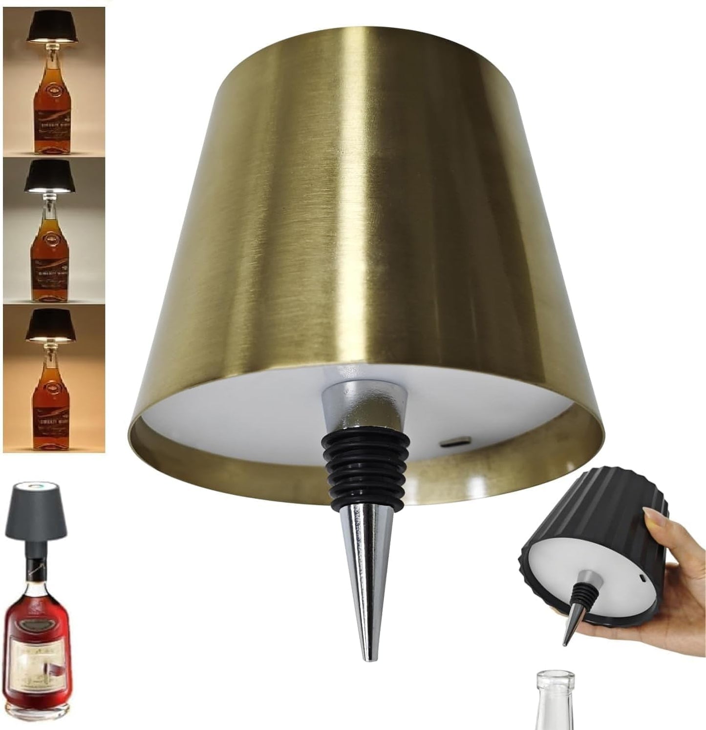 Cute LED Wine Bottle Lamp,3 Color Wireless Bottle Table Lamp, Touch Control Wine Bottle Night Light, Rechargeable Led Bedside Lamp, Embed Portable Bottle Lights for Livingroom/Restaurant/Bar (Gold)