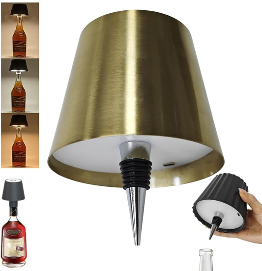 Cute LED Wine Bottle Lamp,3 Color Wireless Bottle Table Lamp, Touch Control Wine Bottle Night Light, Rechargeable Led Bedside Lamp, Embed Portable Bottle Lights for Livingroom/Restaurant/Bar (Gold)