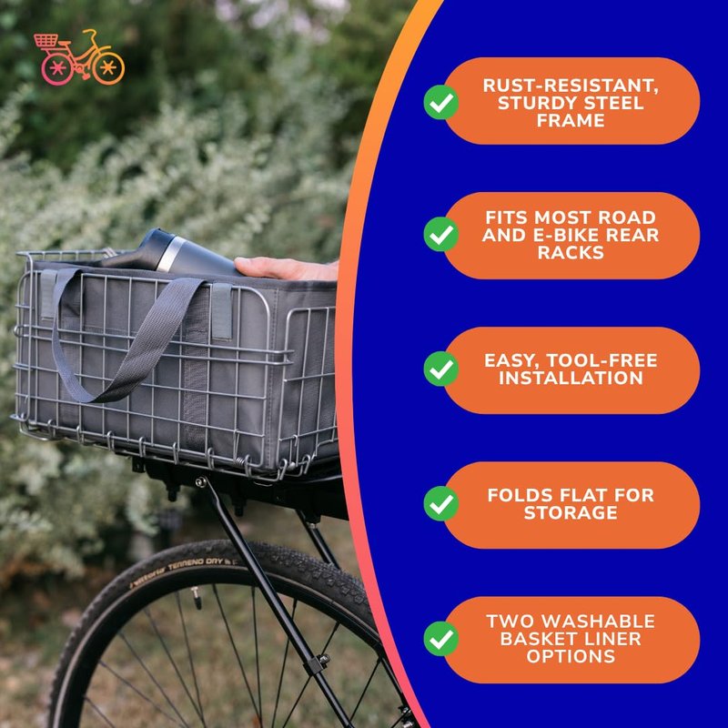 BOMBAUM Rear Bike Basket with Waterproof Cover – Heavy-Duty Collapsible Bicycle Cargo Basket, Tool-Free Rear Rack Mount, 58 lb Capacity for Grocery, Commuting & Ebikes (Charcoal Gray Liner)