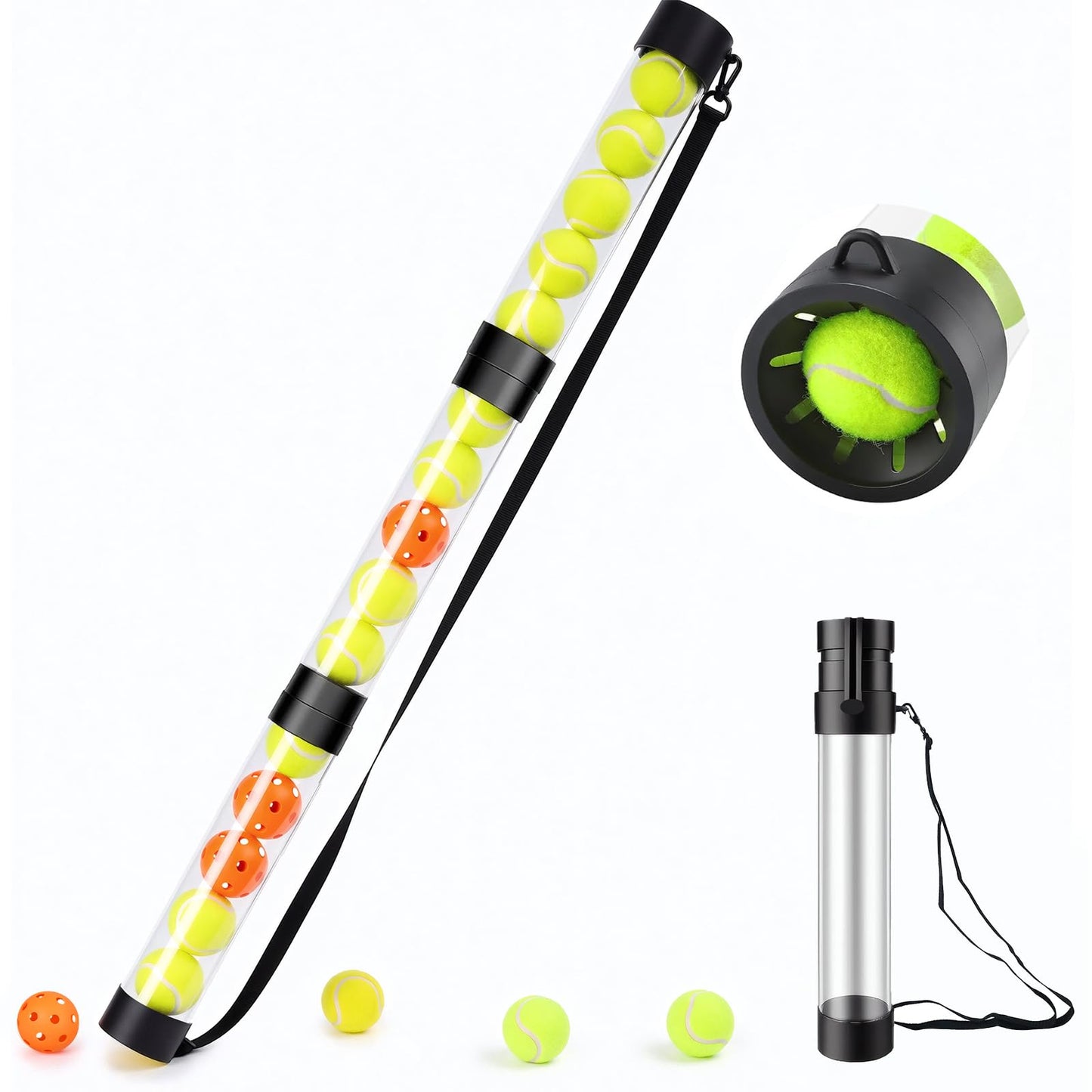 SWALTRIX 17 Pickleballs & 18 Tennis Balls Picker Upper – Collapsible No-Bend Retriever Tube with Shoulder Strap, Lightweight Portable for Indoor & Outdoor Court Practice