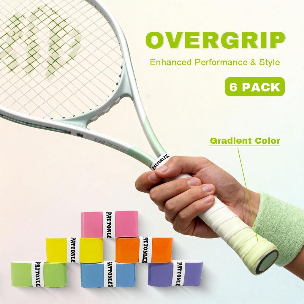 PATTONLEX Tennis & Pickleball Overgrip Tape – 6 Pack Gradient Colors – Non-Slip Grip Wrap
