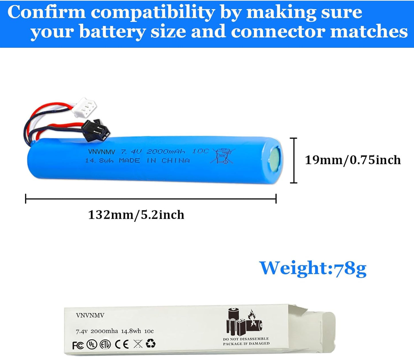 Splatrball 7.4V 2000mAh Rechargeable Battery - USB Charger Included for Airsoft Gel Blaster