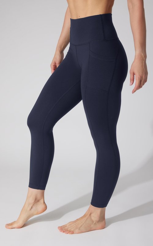 90 Degree By Reflex Womens High Waist Elastic Free Ankle Length Wonderlink Leggings with Side Pockets | Deep Abyss | Medium