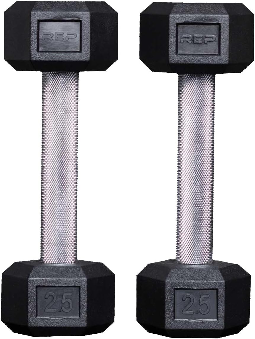 Rep Fitness Rubber Hex Dumbbells - Low Odor, Fully Knurled Handle | Singles & Pairs (5LB - 55LB)