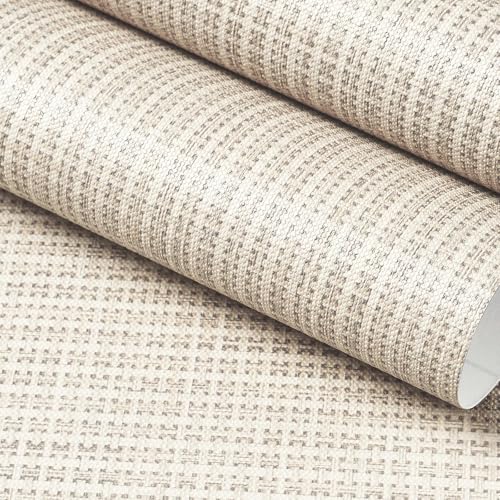 FunStick Beige Weave Grasscloth Peel and Stick Wallpaper Textured Wallpaper for Bedroom Bathroom Walls Removable Beige Contact Paper for Cabinets Waterproof Grass Cloth Fabric Wall Paper Roll 16"x80"
