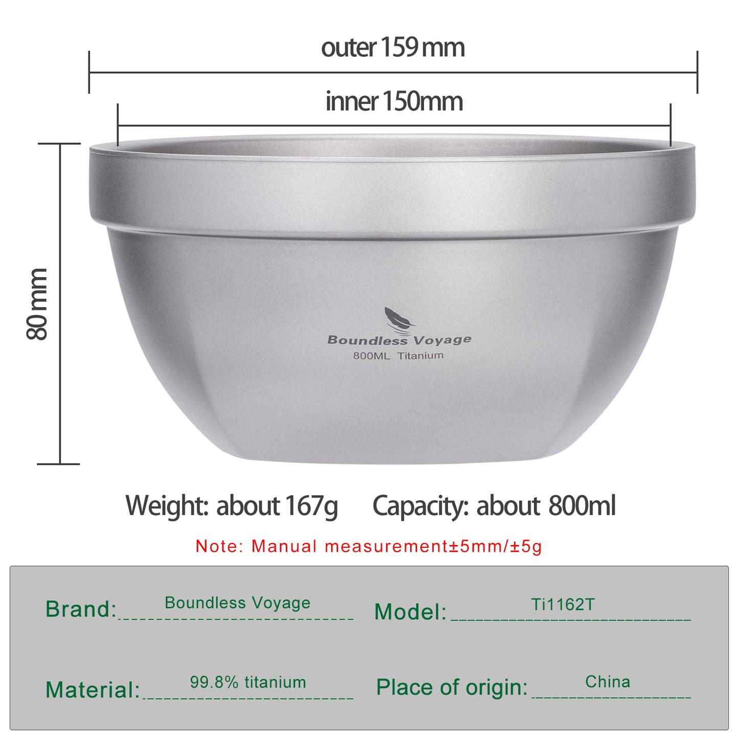 Boundless Voyage Titanium Double Walled Bowl Oatmeal Rice Soup Yogurt Bowl Ultralight Portable Tableware Outdoor Camping Metal Bowls (800ml)